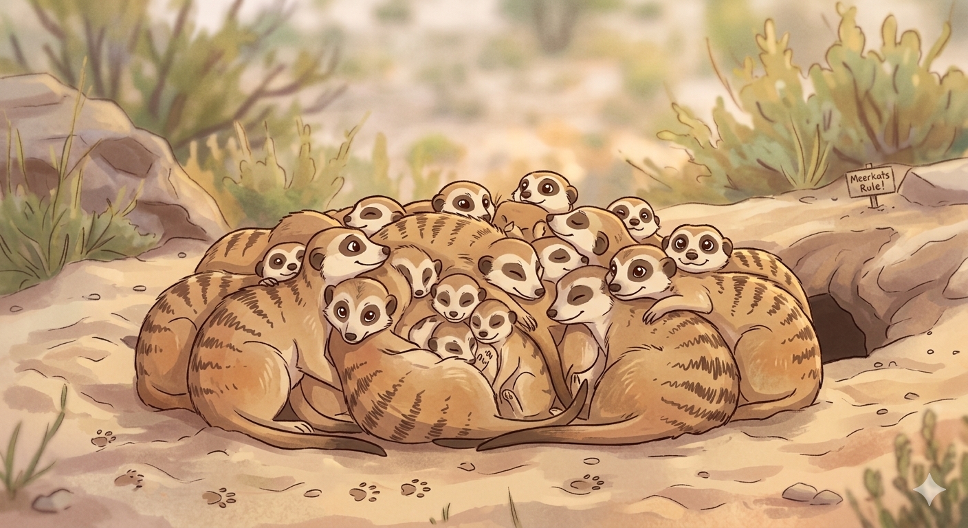 Illustrierter Erdmännchen-Kuschelhaufen in der Wüste, als Sinnbild für das CuddlePuddle